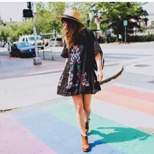 Free People Perfectly Victorian Embroidered Black Midi Dress Bohemian Beachy XS